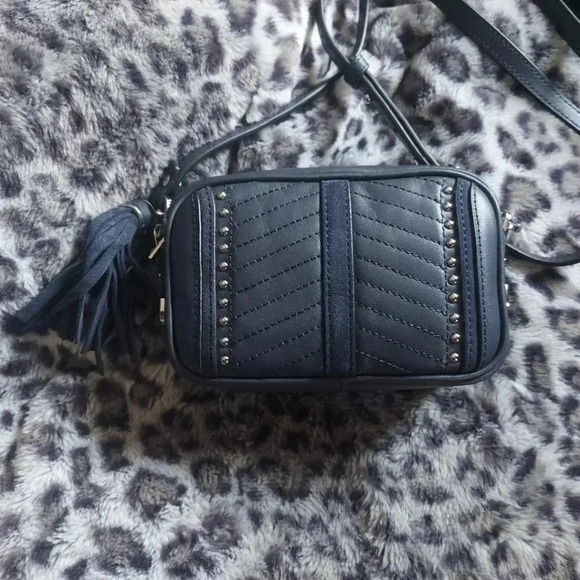 Caroline Neron | Opera Navy Crossbody Leather Mini Camera Bag with Tassel - Picture 5 of 15